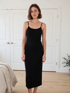 naked wardrobe Black Slip Form Fitting Midi Dress with Thin Straps